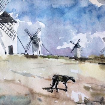 Painting titled "Molinos en La Mancha" by Jacques Villares, Original Artwork, Watercolor