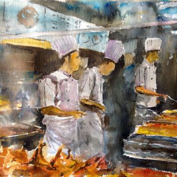 Painting titled "Cocineros" by Jacques Villares, Original Artwork, Watercolor