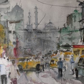 Pintura intitulada "Calles de Bombay" por Jacques Villares, Obras de arte originais, Aquarela