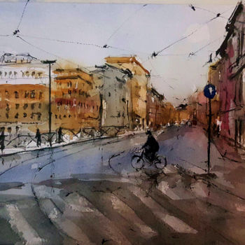 Malarstwo zatytułowany „Roma, Corso del Rin…” autorstwa Jacques Villares, Oryginalna praca, Akwarela