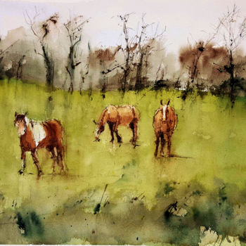 Painting titled "caballos galegos" by Jacques Villares, Original Artwork, Watercolor