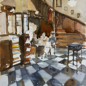 Schilderij getiteld "Café La Lonja (Palm…" door Jacques Villares, Origineel Kunstwerk, Aquarel