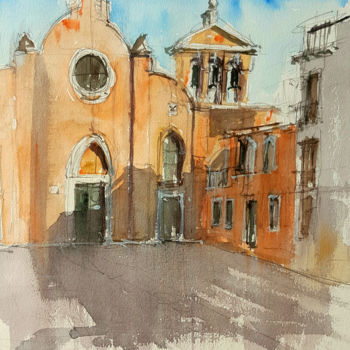 Malerei mit dem Titel "Plaza de Venecia" von Jacques Villares, Original-Kunstwerk, Aquarell