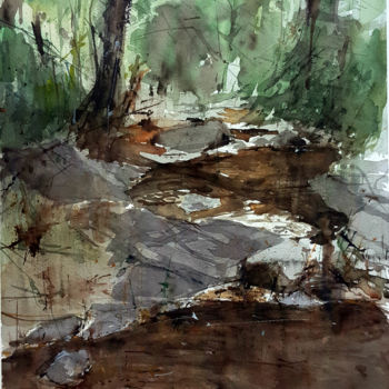 Painting titled "Río Guadalix" by Jacques Villares, Original Artwork, Watercolor