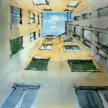 Painting titled "Patio interior I" by Jacques Villares, Original Artwork, Watercolor