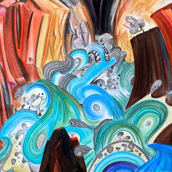 Рисунок под названием "Flooding canyon str…" - Jacques Durand, Подлинное произведение искусства, Карандаш