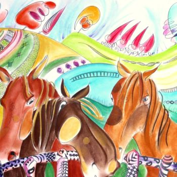 Peinture intitulée "Quatre chevaux (Fou…" par Jacques Durand, Œuvre d'art originale