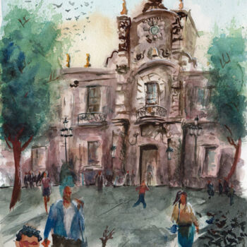 Pittura intitolato "Palacio de Gobierno" da Jaguar X Espiritu, Opera d'arte originale, Acquarello