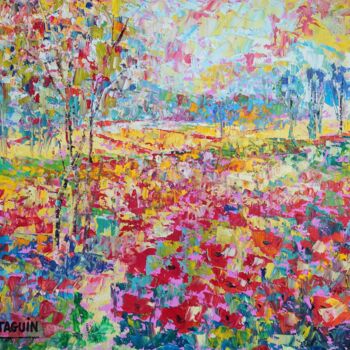 Картина под названием "Lumière rose 5" - Nathalie Jaguin, Подлинное произведение искусства, Масло Установлен на Деревянная р…