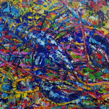 Painting titled "Le homard bleu" by Nathalie Jaguin, Original Artwork, Oil Mounted on Wood Stretcher frame