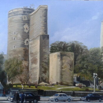Schilderij getiteld "Maiden's Tower. Bak…" door Jahangir Seyidov, Origineel Kunstwerk, Olie Gemonteerd op Karton
