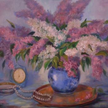 Painting titled "Lilacs and Pearls" by Elizabeth Sennett, Original Artwork, Oil