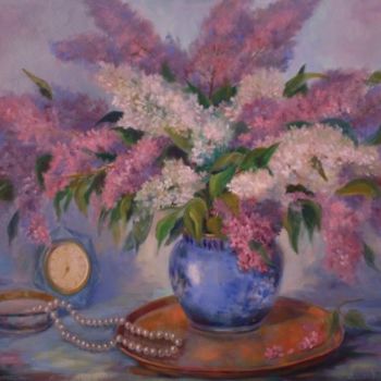 Schilderij getiteld "Lilacs and Pearls" door Elizabeth Sennett, Origineel Kunstwerk, Olie