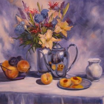 Malerei mit dem Titel "Daylilies and Peach…" von Elizabeth Sennett, Original-Kunstwerk, Öl