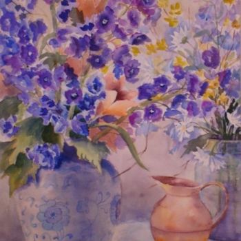 Painting titled "Delphiniums and Cop…" by Elizabeth Sennett, Original Artwork, Oil