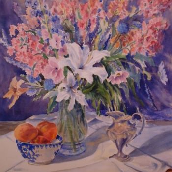 Картина под названием "Peaches and Lilies" - Elizabeth Sennett, Подлинное произведение искусства, Масло