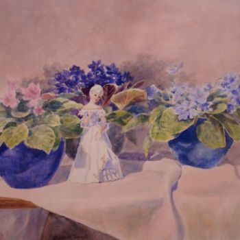 Schilderij getiteld "Eve in the Violets" door Elizabeth Sennett, Origineel Kunstwerk, Olie