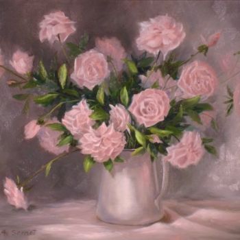 Schilderij getiteld "Pink Roses and Pewt…" door Elizabeth Sennett, Origineel Kunstwerk, Olie