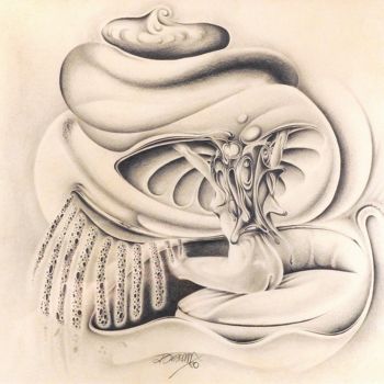 Drawing titled "Woman in pod" by James Carroll, Original Artwork, Pencil