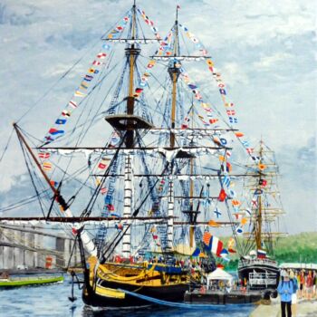 Painting titled "L'Hermione à l'Arma…" by James Colombel, Original Artwork, Acrylic Mounted on Wood Stretcher frame
