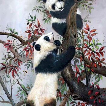 Painting titled "Panda 001D" by James Shang, Original Artwork, Oil Mounted on Wood Stretcher frame