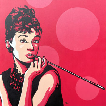 Painting titled "Audrey Hepburn on H…" by Jamie Lee, Original Artwork, Acrylic Mounted on Wood Stretcher frame