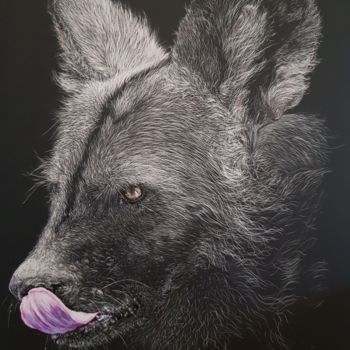 Drawing titled "African Paint - Wolf" by Jan Lowe, Original Artwork, Ink Mounted on Wood Panel