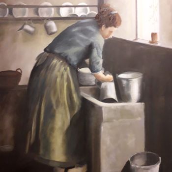 Painting titled "woman does the dish…" by Jan Marien, Original Artwork, Oil