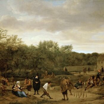 Pittura intitolato "Le jeu de quilles" da Jan Steen, Opera d'arte originale, Olio