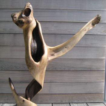 Sculpture titled "CATCHING CAT" by Jan Van Braekel, Original Artwork, Wood