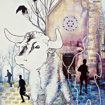 Painting titled "Bull Running- Tourb…" by Jane Appleton, Original Artwork, Acrylic