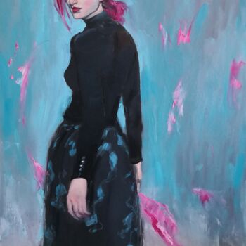 Malerei mit dem Titel "A girl with pink ha…" von Jane Lantsman, Original-Kunstwerk, Öl