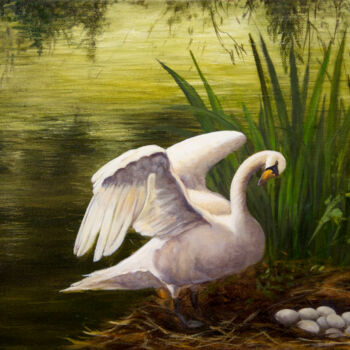 Painting titled "The Swan's Secret" by Jane Moore, Original Artwork, Oil Mounted on Wood Stretcher frame