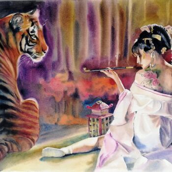 Painting titled ""A tiger and a Geis…" by Jane Skuratova, Original Artwork, Watercolor