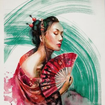Картина под названием "Geisha in red with…" - Jane Skuratova, Подлинное произведение искусства, Акварель