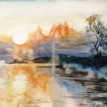 Pittura intitolato ""Misty Lake" waterc…" da Jane Skuratova, Opera d'arte originale, Acquarello
