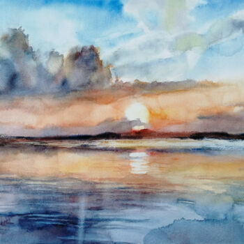 Pintura intitulada ""Sunset on the Sea"…" por Jane Skuratova, Obras de arte originais, Aquarela