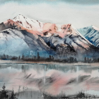 ""Pink Mountain Lake…" başlıklı Tablo Jane Skuratova tarafından, Orijinal sanat, Suluboya