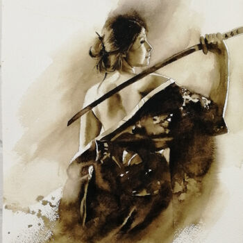 Painting titled ""Girl with katana"…" by Jane Skuratova, Original Artwork, Watercolor