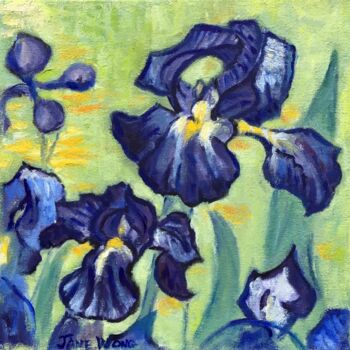 Painting titled "Blue Irises after V…" by Jane Wong, Original Artwork, Oil Mounted on Wood Stretcher frame