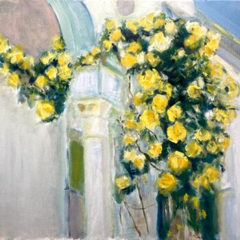Schilderij getiteld "Yellow Rose Bush of…" door Jane Wong, Origineel Kunstwerk, Olie