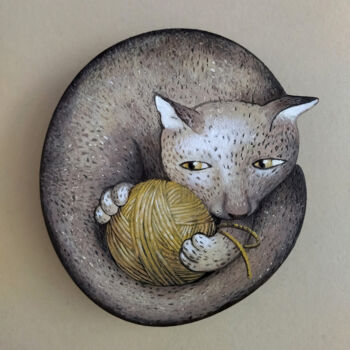 Schilderij getiteld "Cat with a clew" door Margot Raven, Origineel Kunstwerk, Acryl