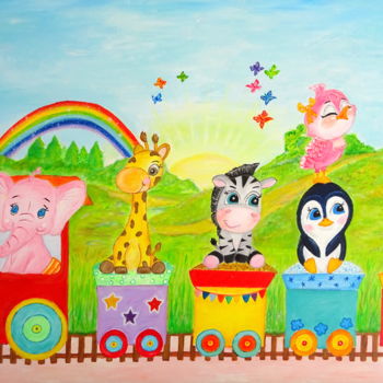 Painting titled "A train of joy" by Kristina Janekova, Original Artwork, Acrylic