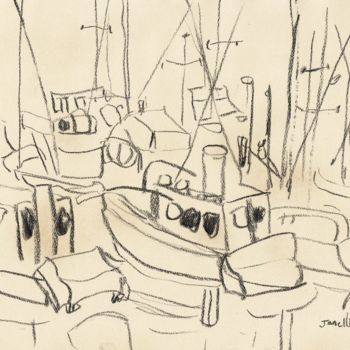 Рисунок под названием "Boats in Anacortes…" - Janel Bragg, Подлинное произведение искусства, Древесный уголь