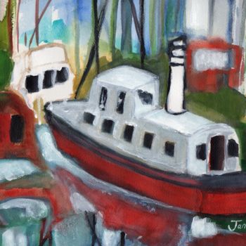 Pittura intitolato "Boats in Cap Sante…" da Janel Bragg, Opera d'arte originale, Acquarello