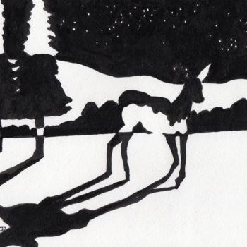 Pittura intitolato "Deer at Night in th…" da Janel Bragg, Opera d'arte originale, Inchiostro