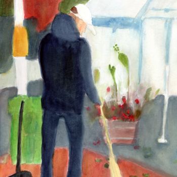 Malerei mit dem Titel "Man Sweeping at Roc…" von Janel Bragg, Original-Kunstwerk, Aquarell
