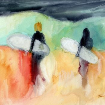 Ζωγραφική με τίτλο "Surfers at Hanalei…" από Janel Bragg, Αυθεντικά έργα τέχνης, Ακουαρέλα
