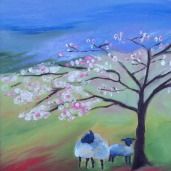 Painting titled "Sheep and Cherry Tr…" by Janel Bragg, Original Artwork, Oil