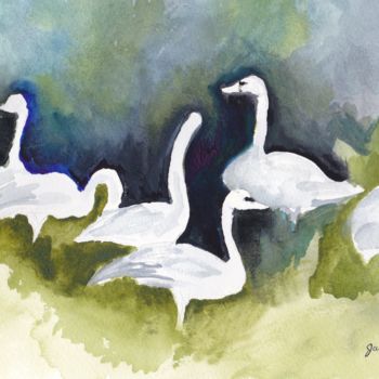 Pintura intitulada "Trumpeter Swans in…" por Janel Bragg, Obras de arte originais, Óleo